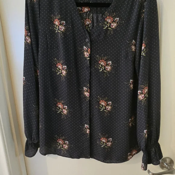 T Tahari Navy Floral Polka Dot Button-Down Blouse - Picture 5 of 6